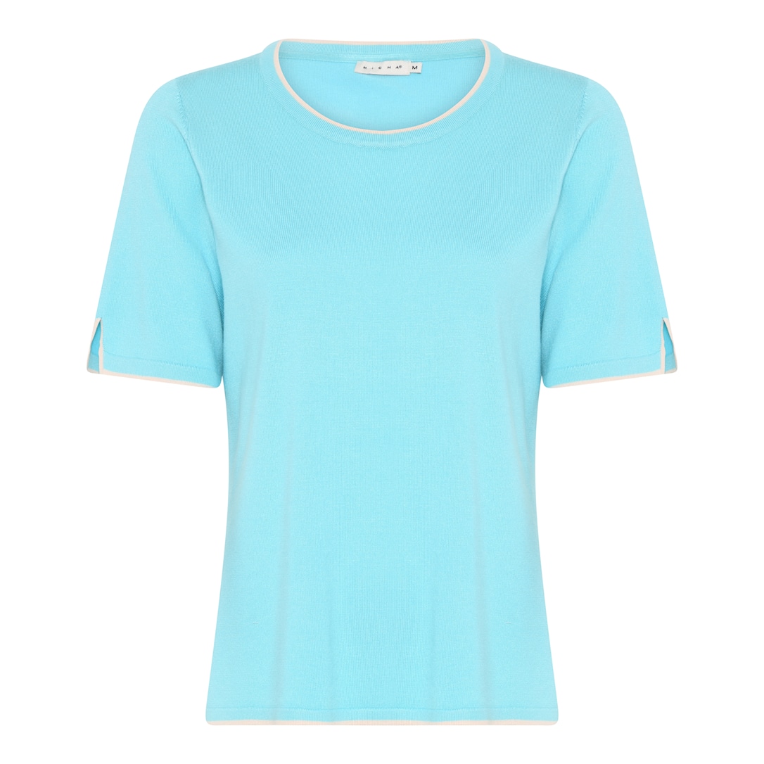 MICHA Strikbluse Dame Korte Ærmer Rund Hals Viscose Strik med Kontrastkant - Aqua Blå - XL