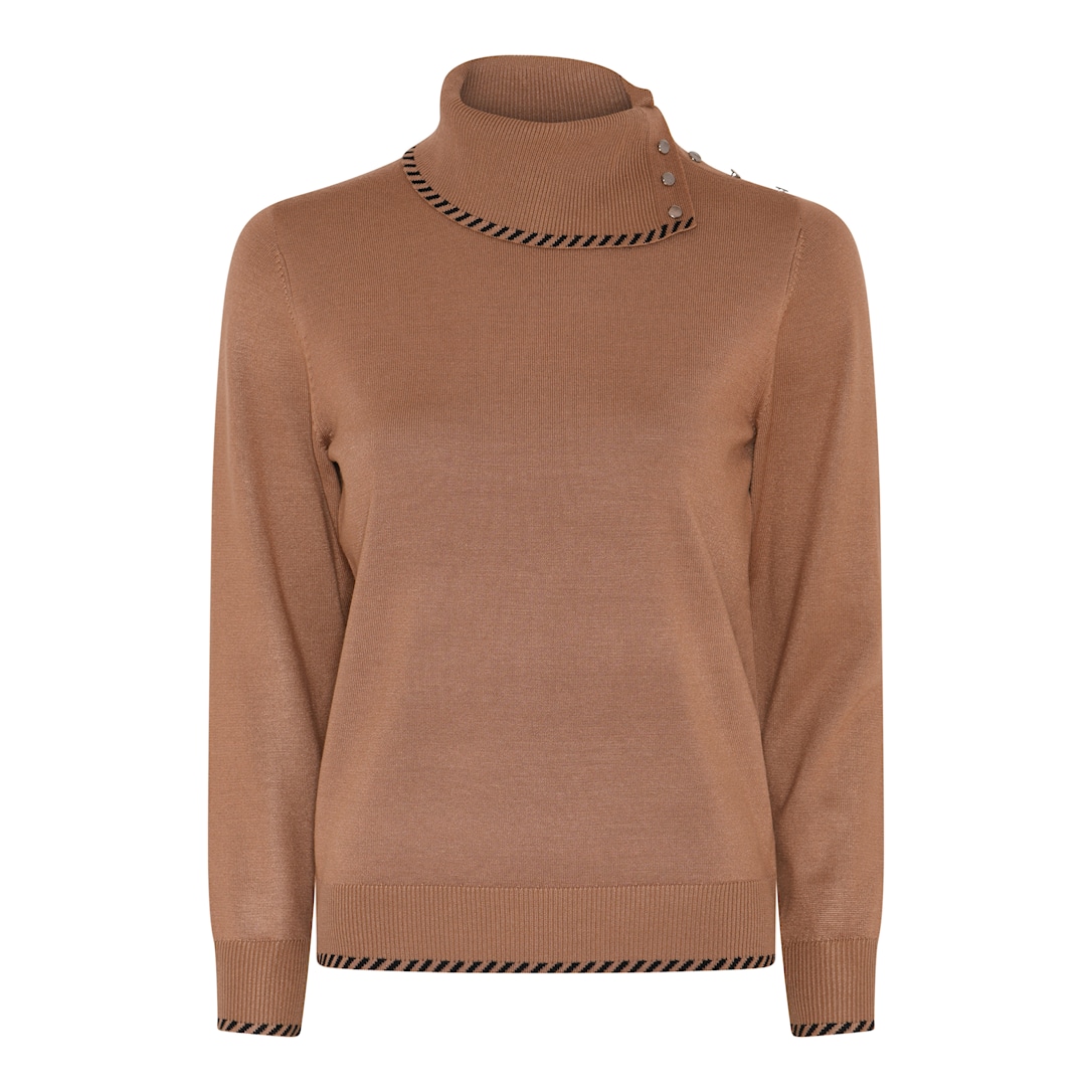 MICHA Strikbluse Dame Høj Hals Viscose Strik med Knapper og Kontrastkant - Cognac - XL