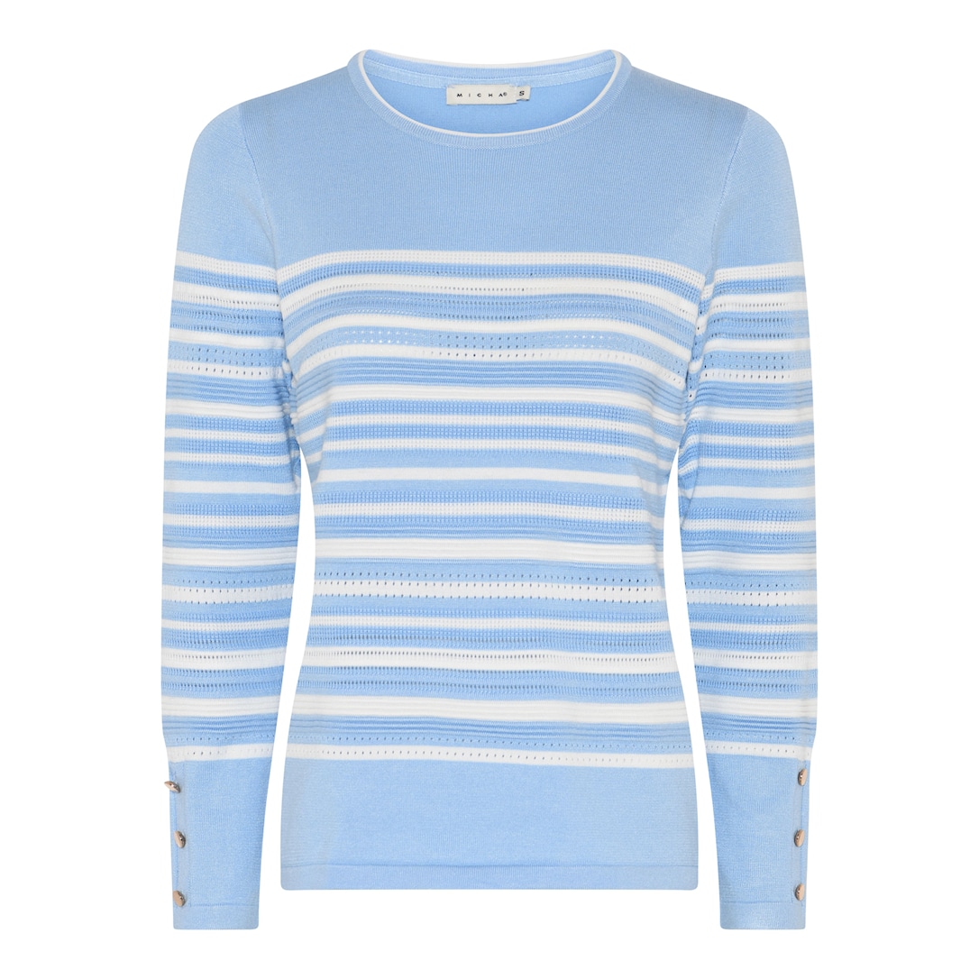 MICHA Sweater Rund Hals Basic Eco Vero Forårs Stribet Strik - Lyseblå/Ofw - XL