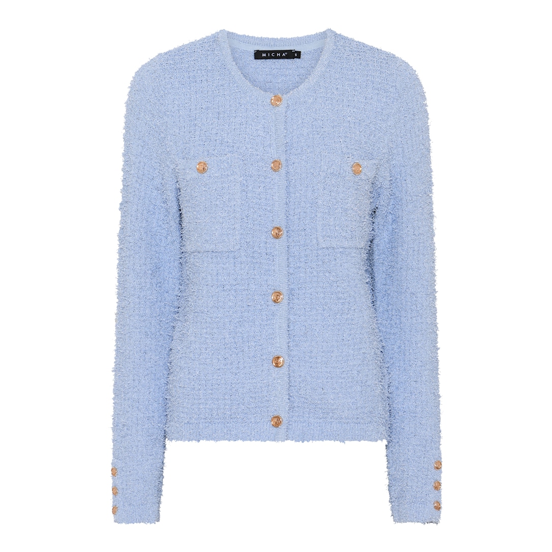 MICHA Cardigan Dame Rund Hals Viscose Strik med Bouclé og Guldknapper - Himmelblå - S