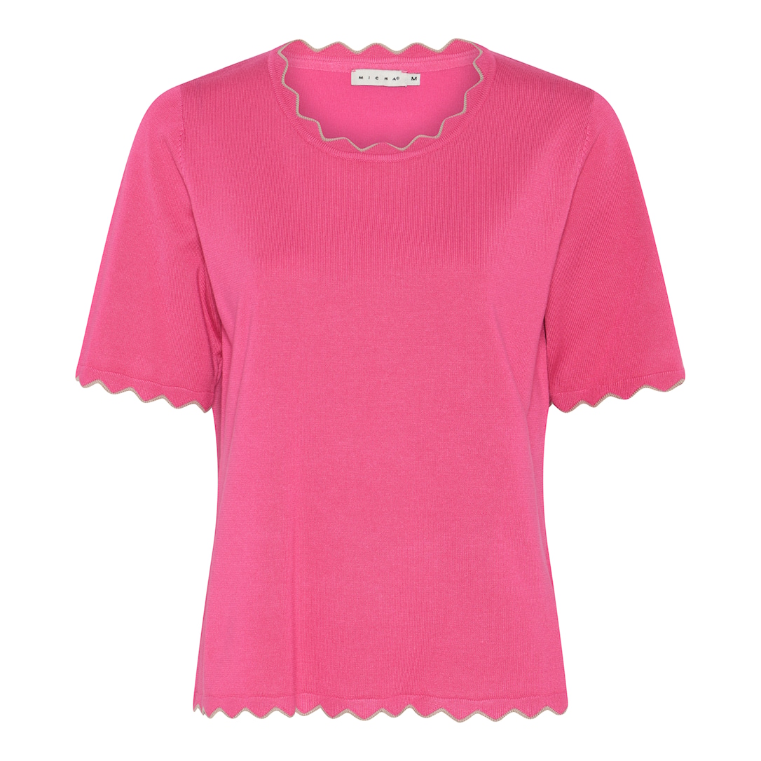 MICHA Strikbluse Dame Korte Ærmer Rund Hals Viscose Strik med Bølgekant - Pink - 4XL