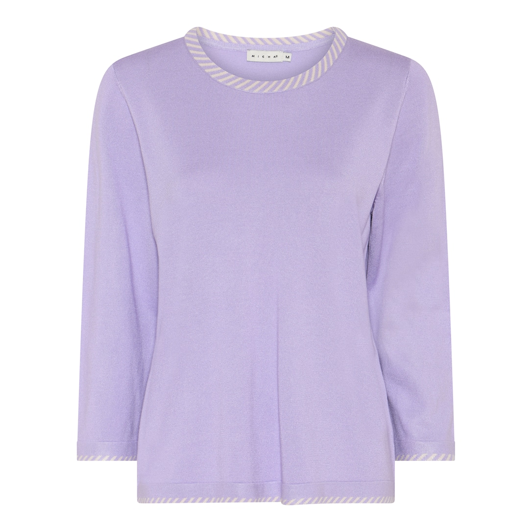 MICHA Strikbluse Dame 3/4 Ærmer Rund Hals Viscose Strik med Kontrastkant - Lavendel - M