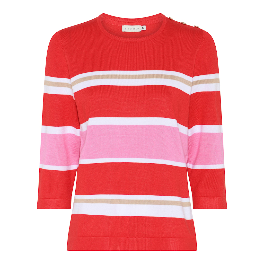 MICHA Strikbluse Dame 3/4 Ærmer Rund Hals Stribet Viscose Strik med Knapper - Rød/Pink - XXXL