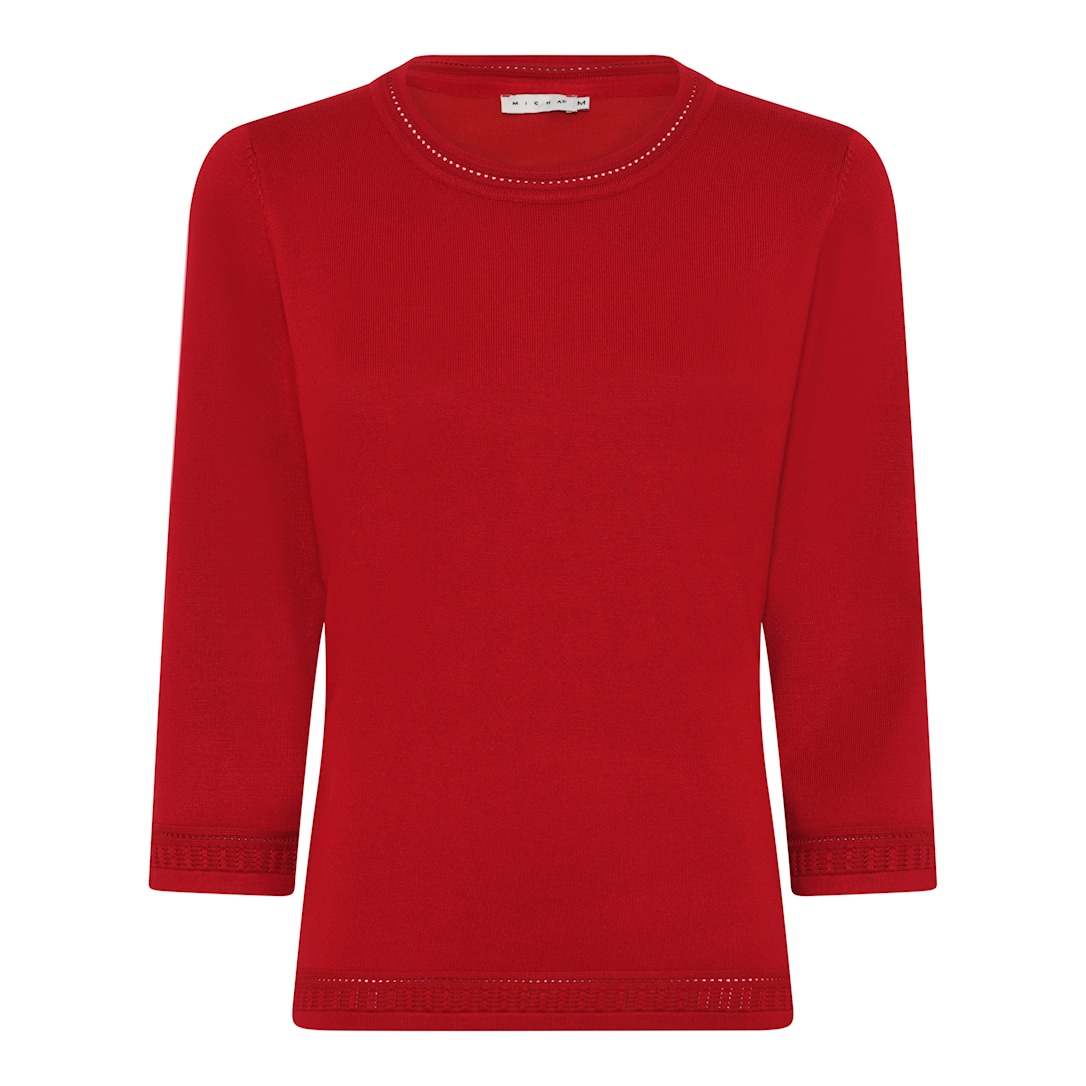 MICHA Strikbluse Dame 3/4 Ærmer Rund Hals Viscose Strik med Hulmønster - Rød - L