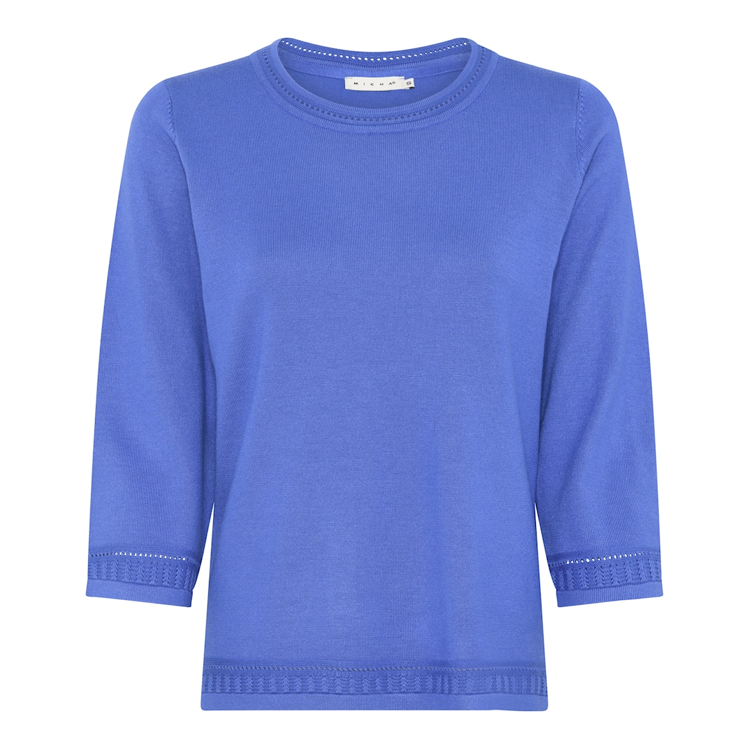 MICHA Strikbluse Dame 3/4 Ærmer Rund Hals Viscose Strik med Hulmønster - Blå - M