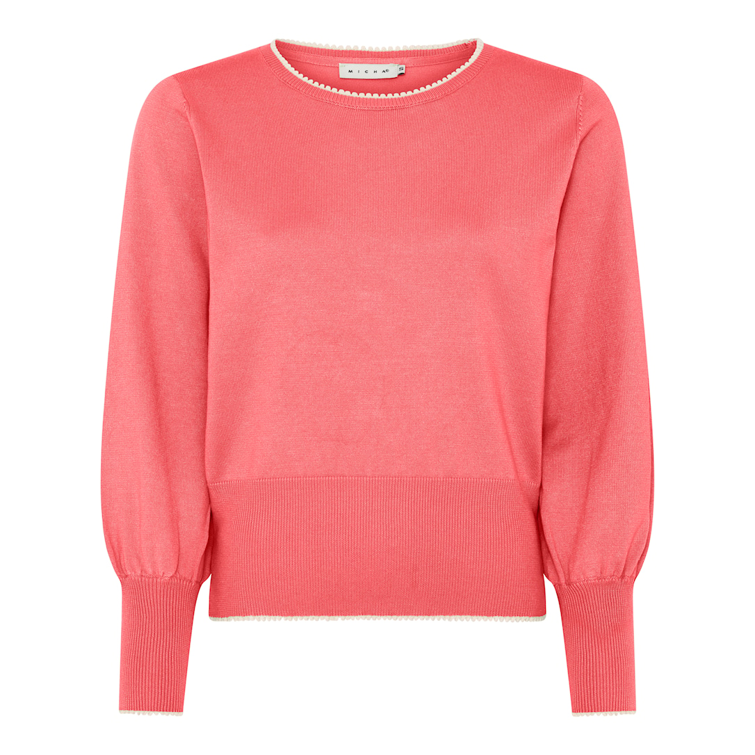 MICHA Strikbluse Dame Rund Hals Viscose Strik med Ballonærmer og Kontrastkant - Koral - 4XL