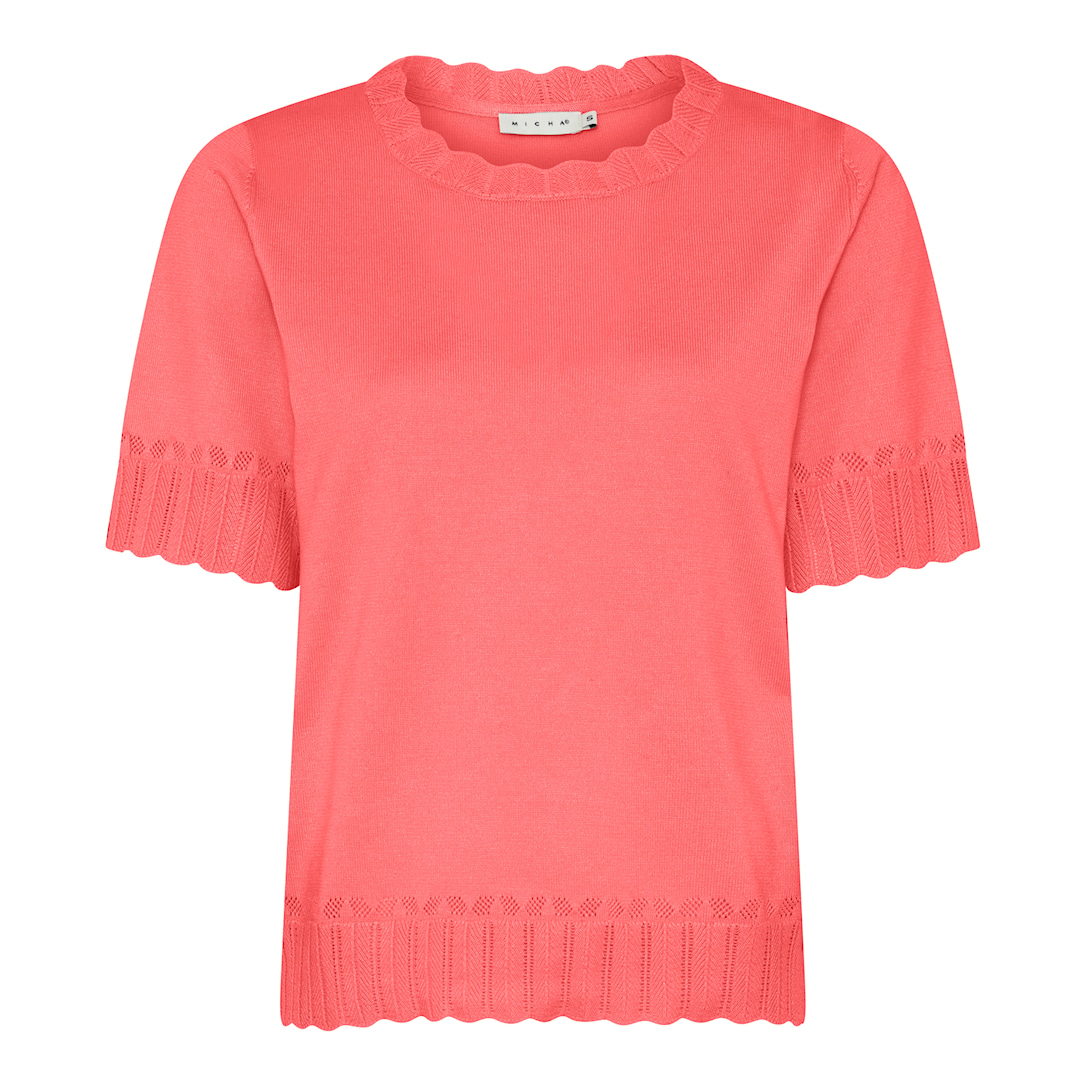 MICHA Strikbluse Dame Korte Ærmer Rund Hals Viscose Strik med Hulmønster - Koral - M
