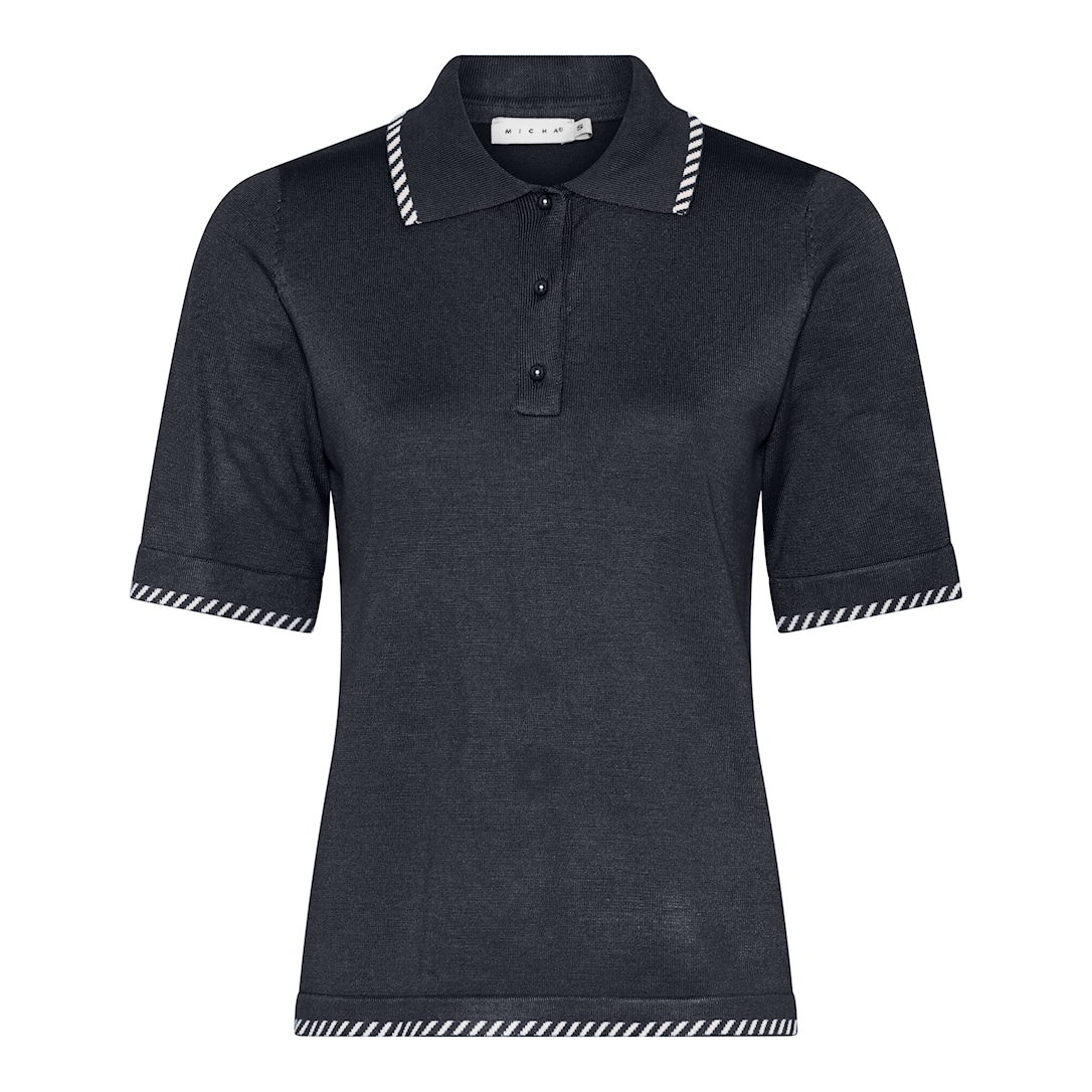 MICHA Strikbluse Dame Korte Ærmer Polokrave Viscose Strik med Knapper og Kontrastkant - Navy - L