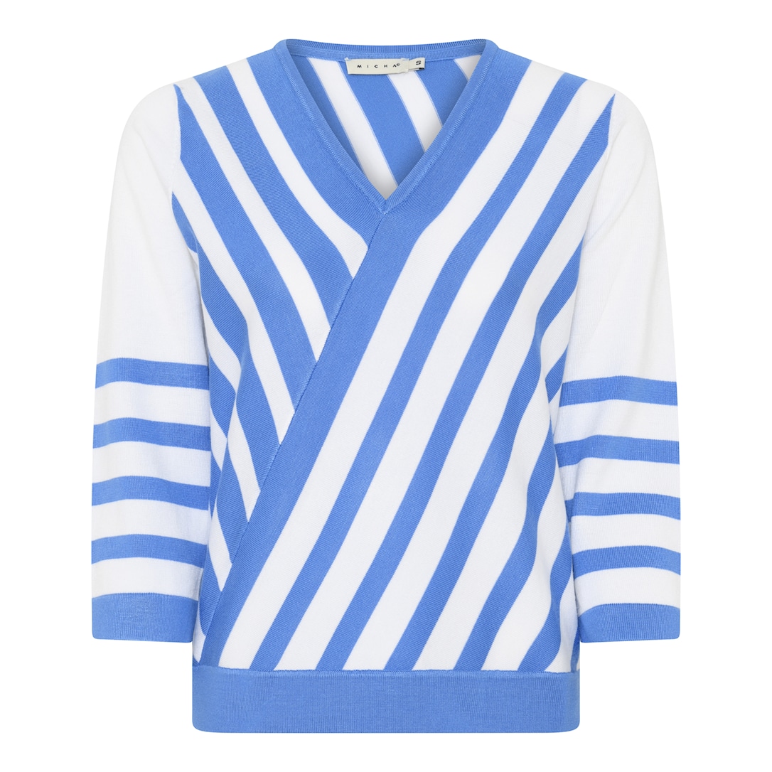 MICHA Strikbluse Dame 3/4 Ærmer V-hals Stribet Viscose Strik - Blå/Hvid - 4XL