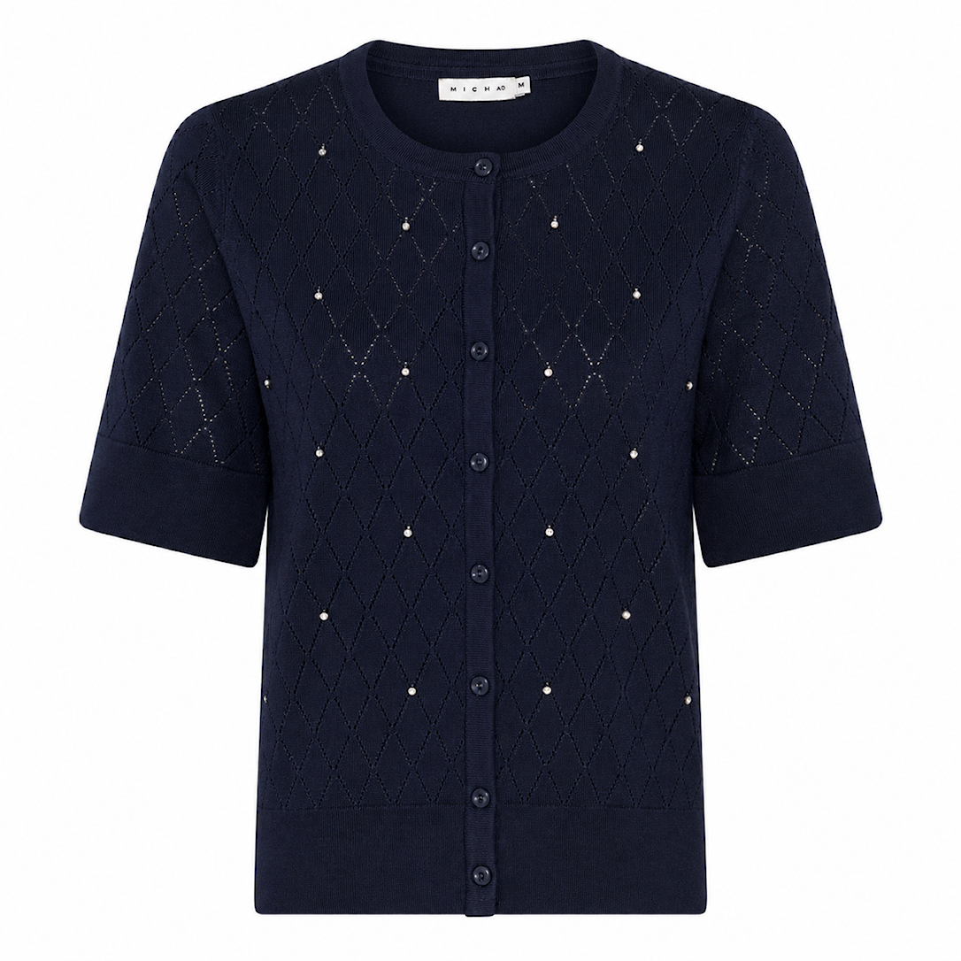MICHA Cardigan Dame Korte Ærmer Rund Hals Viscose Strik med Hulmønster og Perler - Navy - S