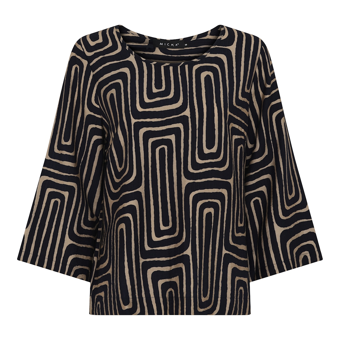 MICHA Bluse Dame 3/4 Ærmer med Grafisk Print - Navy/Kamel - Str. 44