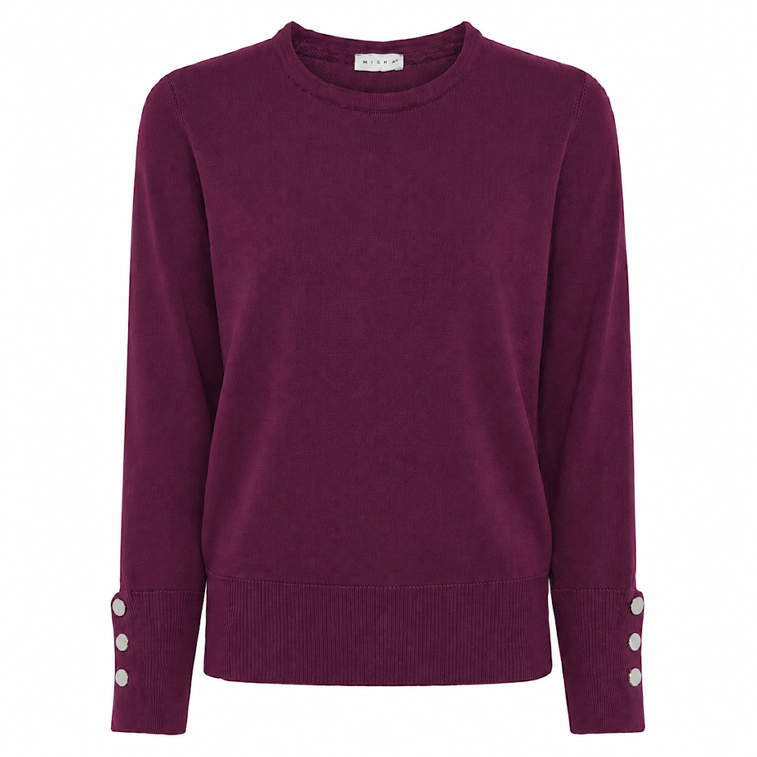 MICHA Strikbluse Dame Rund Hals Viscose Strik med Knapdetalje - Blomme - L