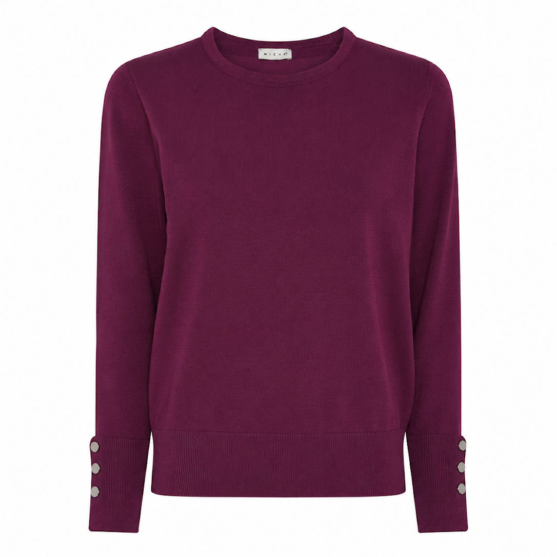 MICHA Strikbluse Dame Rund Hals Viscose Strik med Knapdetalje - Blomme - L