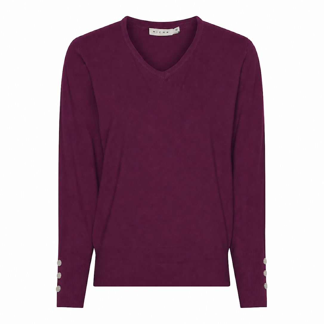 MICHA Strikbluse Dame V-hals Viscose Strik med Knapdetalje - Blomme - L