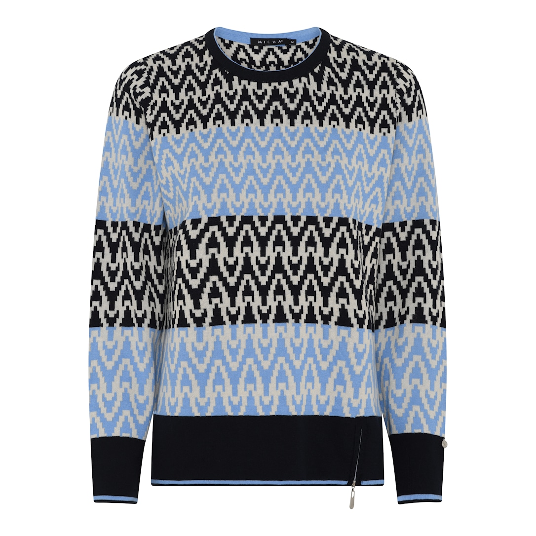 MICHA Strikbluse Dame Rund Hals Strik med Jacquardmønster - Navy/Blå - L