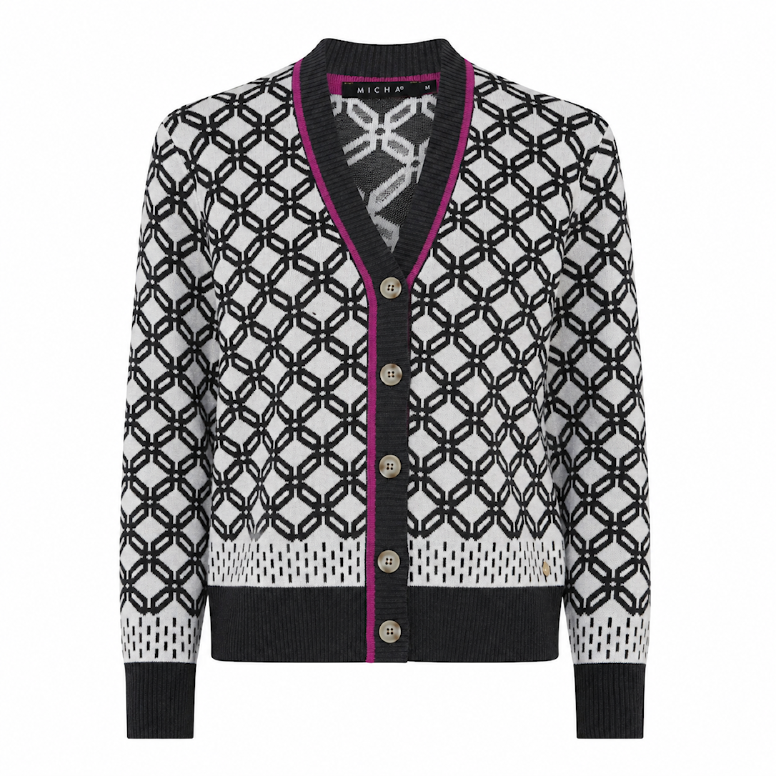 MICHA Cardigan Dame V-hals Strik med Jacquard og Kontrastkant - Offwhite/Sort - L