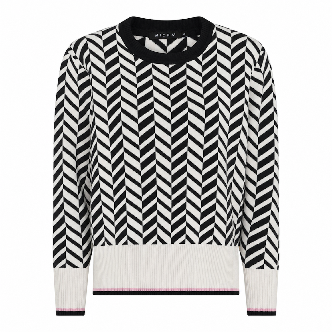 MICHA Strikbluse Dame Rund Hals Strik med Jacquardmønster - Offwhite/Sort - L