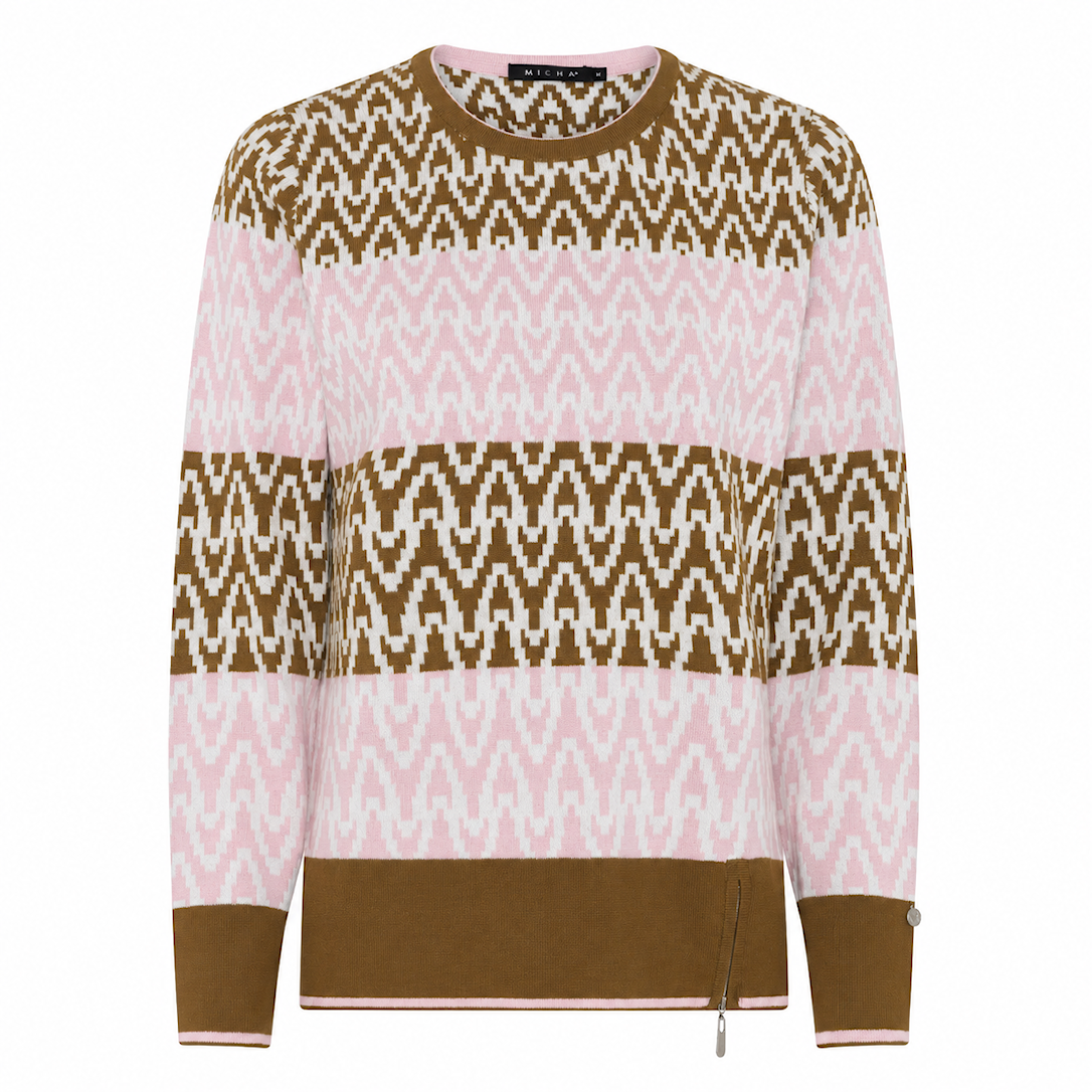 MICHA Strikbluse Dame Rund Hals Strik med Jacquardmønster - Nougat/Rosa - M