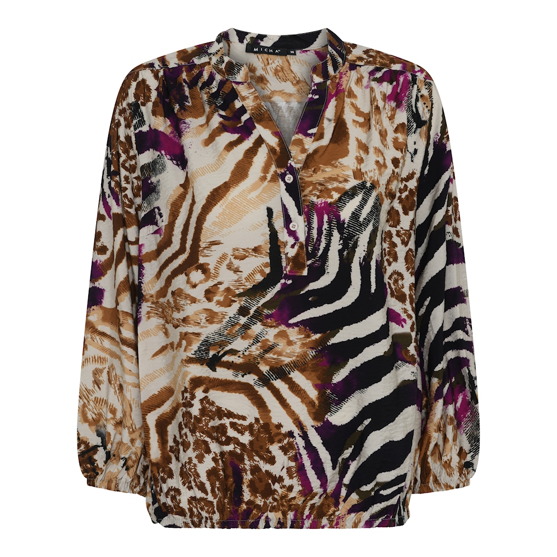 MICHA Bluse Dame V-hals Dyreprint med Knapper - Blå Print - Str. 34