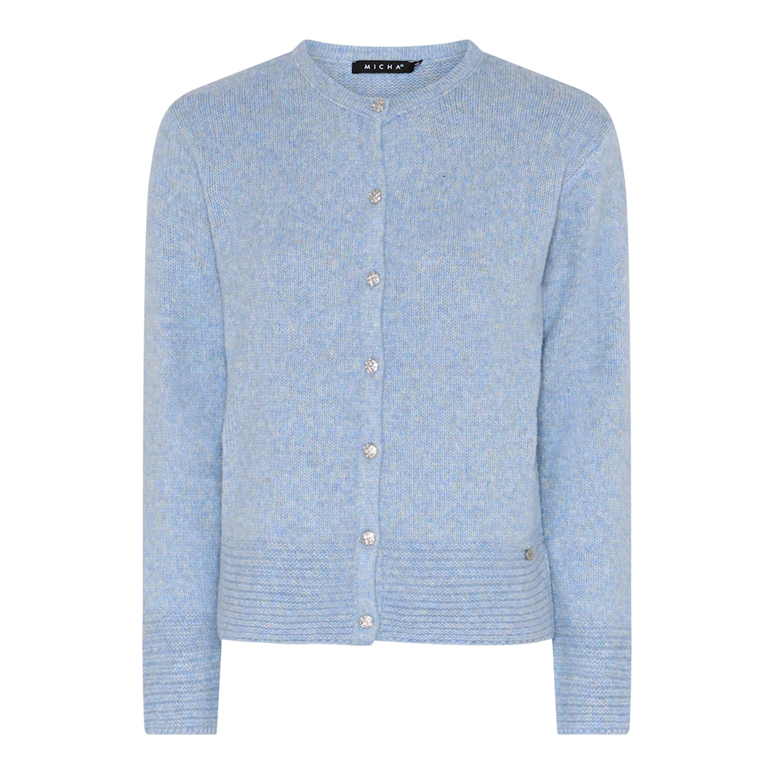 MICHA Cardigan Dame Rund Hals Strik med Smykkeknapper - Blå Melange - L