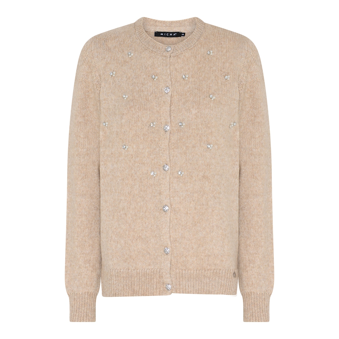 MICHA Cardigan Dame Rund Hals Strik med Similisten - Kamel Melange - L