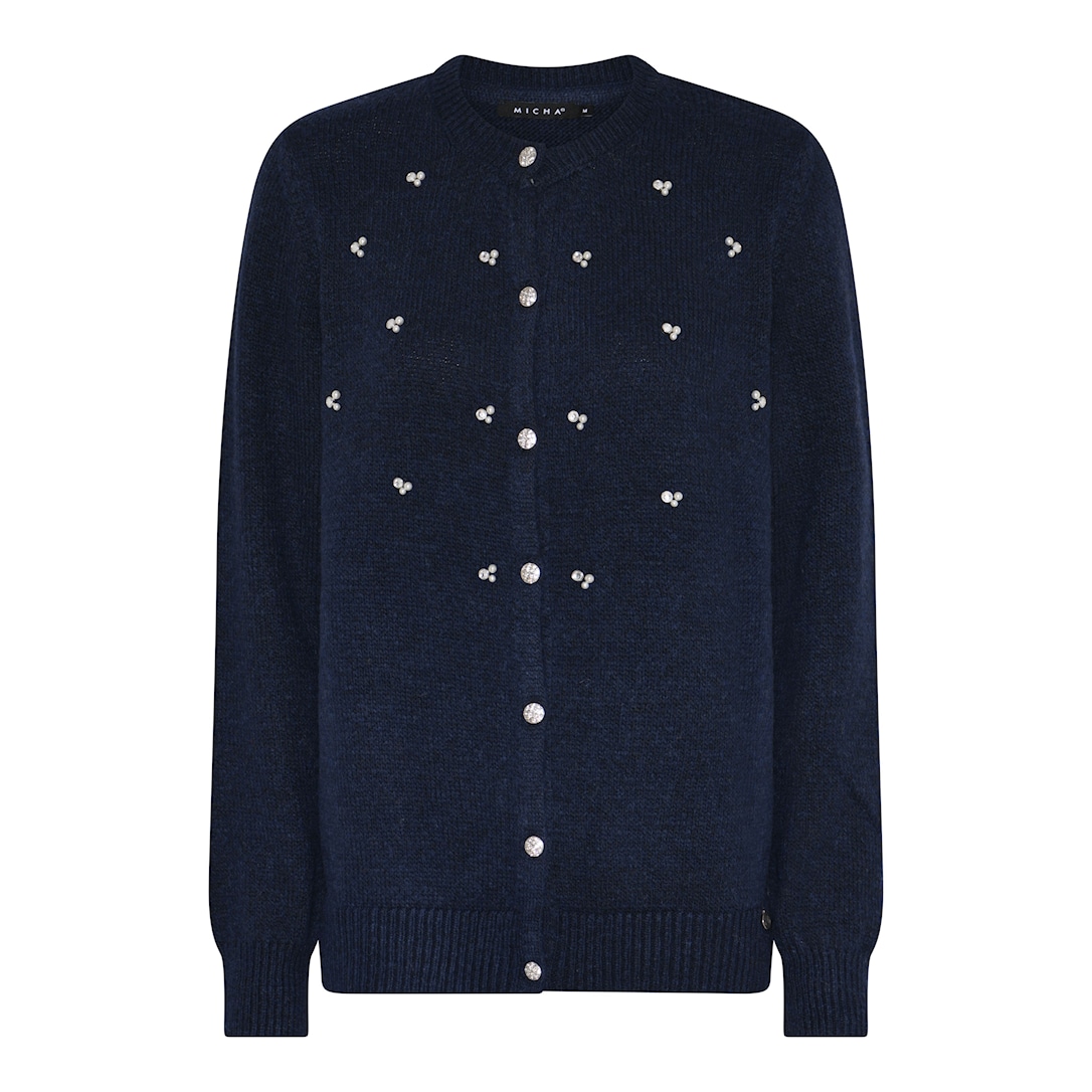 MICHA Cardigan Dame Rund Hals Strik med Similisten - Navy Melange - L