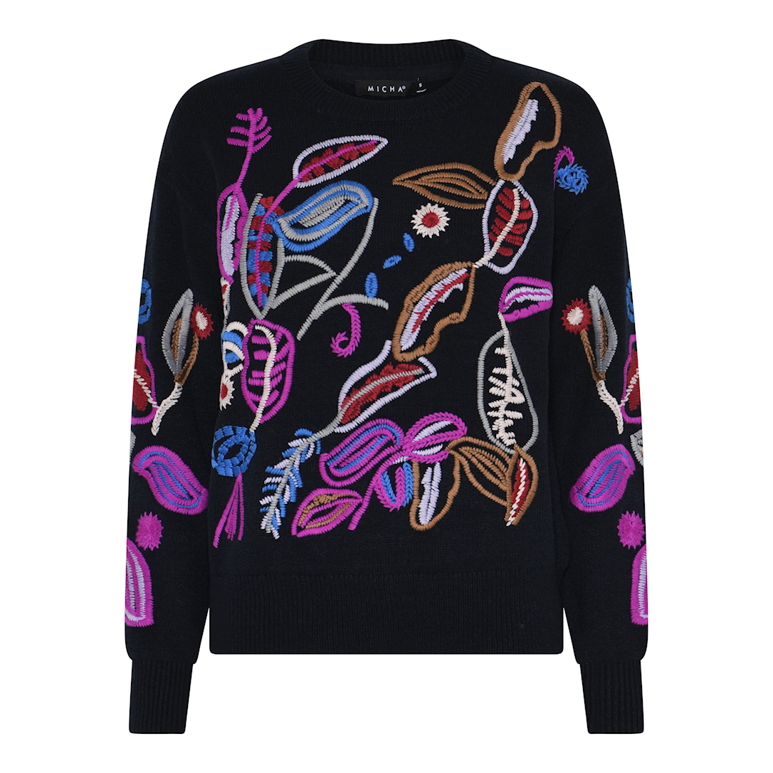 MICHA Strikbluse Dame Rund Hals Strik med Broderi - Navy - L