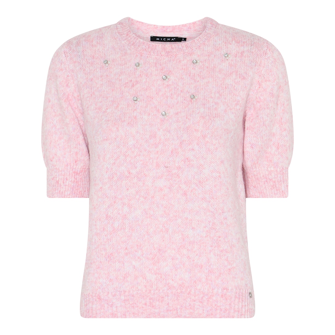 MICHA Strikbluse Dame Korte Ærmer Rund Hals Strik med Similisten - Rosa - L